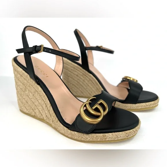 Gucci Galassia Aitana Lifford Black Leather Wedge Double G Logo Sandals EU 35 - Picture 14 of 14